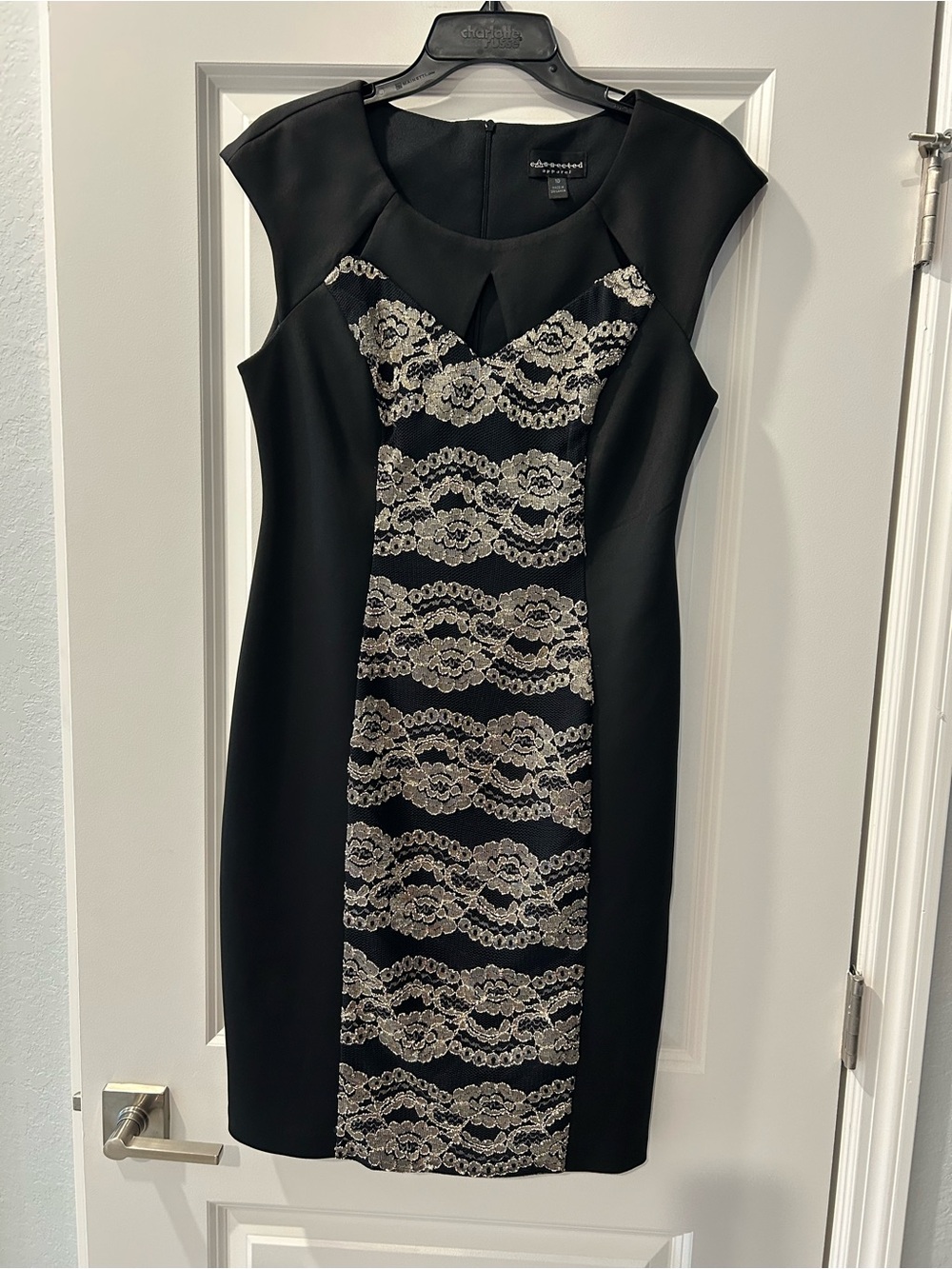 connected apparel Black Midi Sheath Dress with Cream Lace Panel